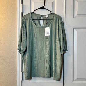 Landa Curve By Dora Landa Women's Eyelet Sage Green Blouse Plus Sz 3X Keyhole